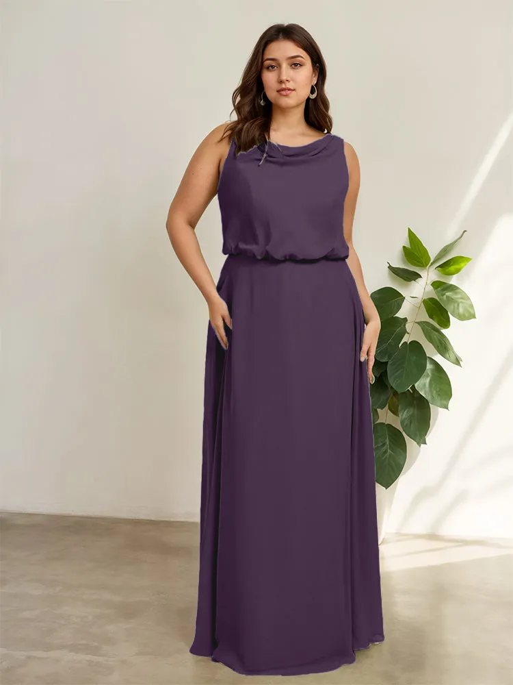 Sleeveless Cowl Neck Chiffon Plus Size Floor Length Bridesmaid Dresses