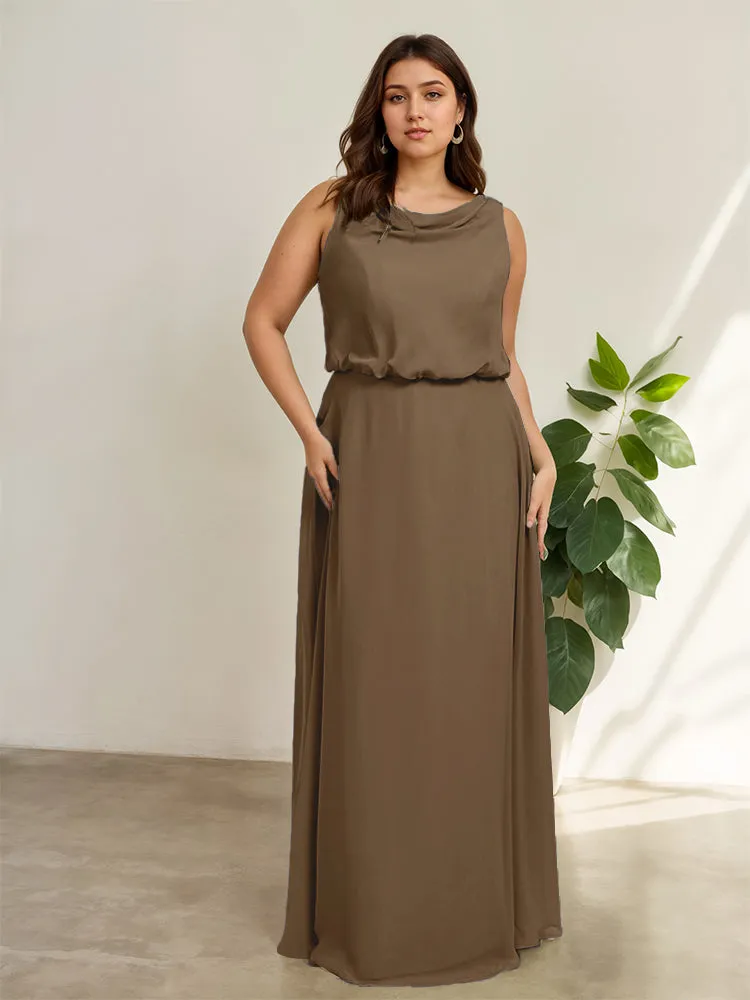 Sleeveless Cowl Neck Chiffon Plus Size Floor Length Bridesmaid Dresses