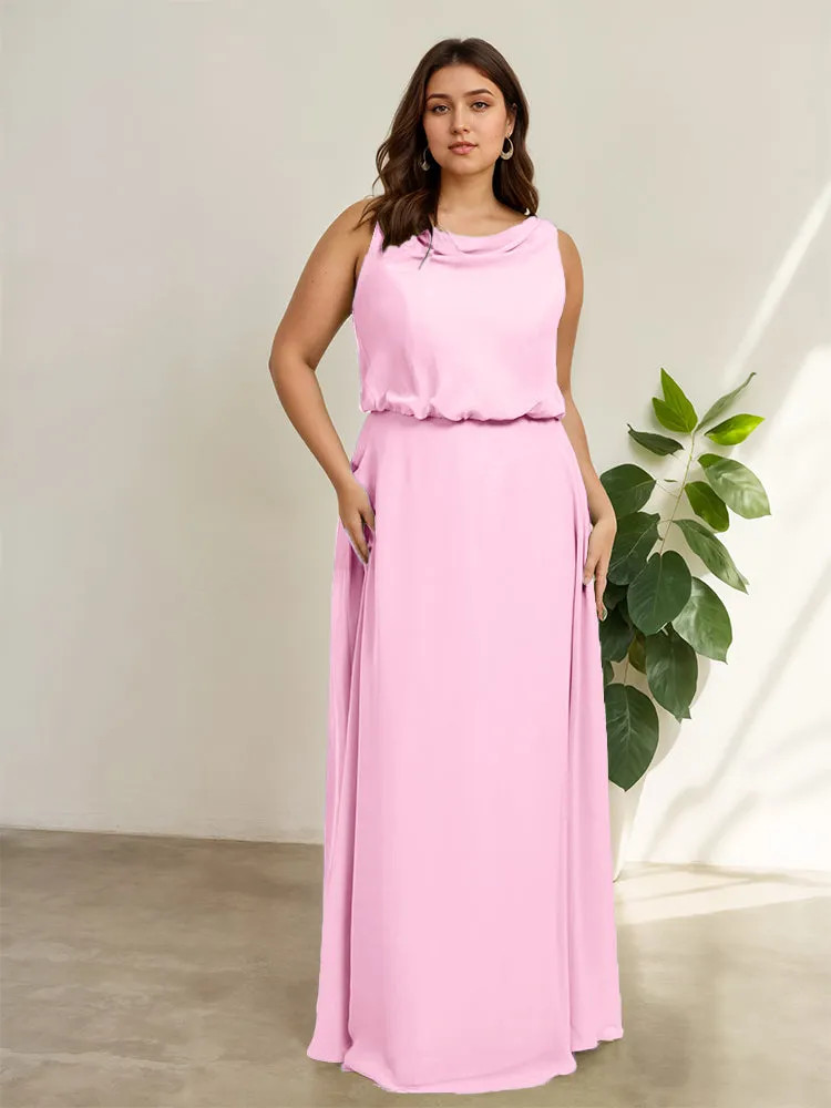 Sleeveless Cowl Neck Chiffon Plus Size Floor Length Bridesmaid Dresses