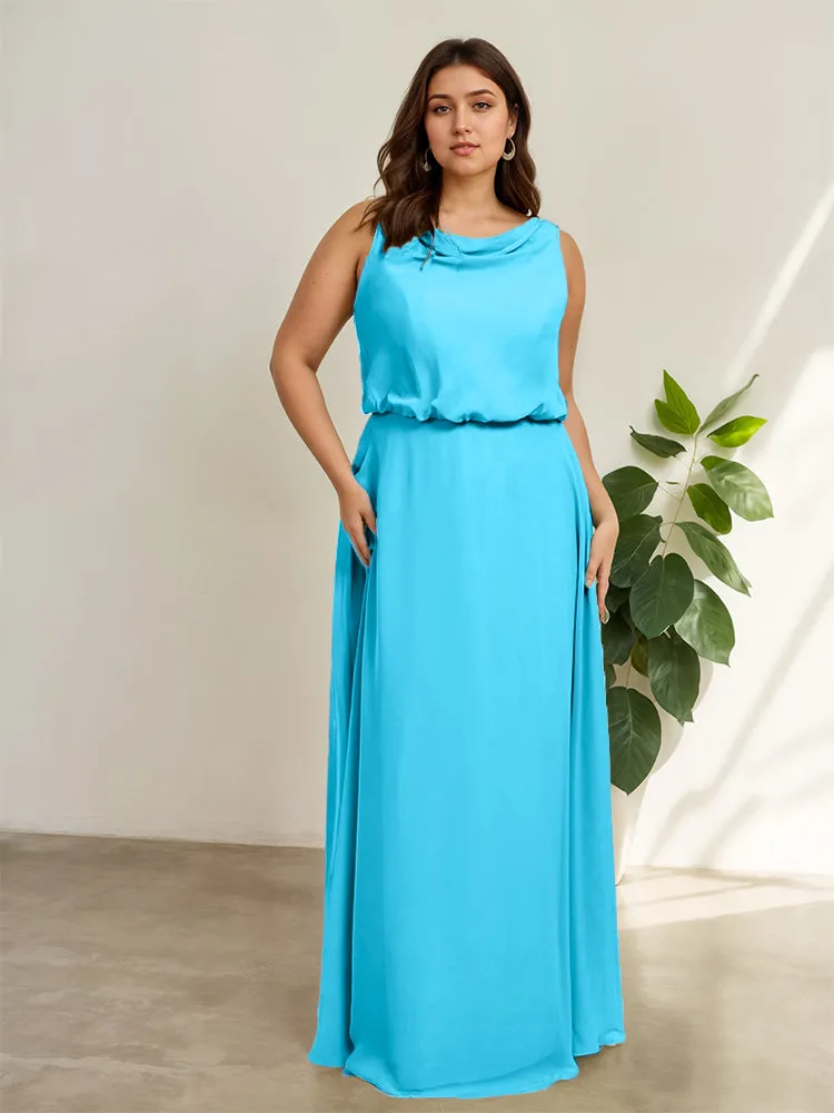 Sleeveless Cowl Neck Chiffon Plus Size Floor Length Bridesmaid Dresses