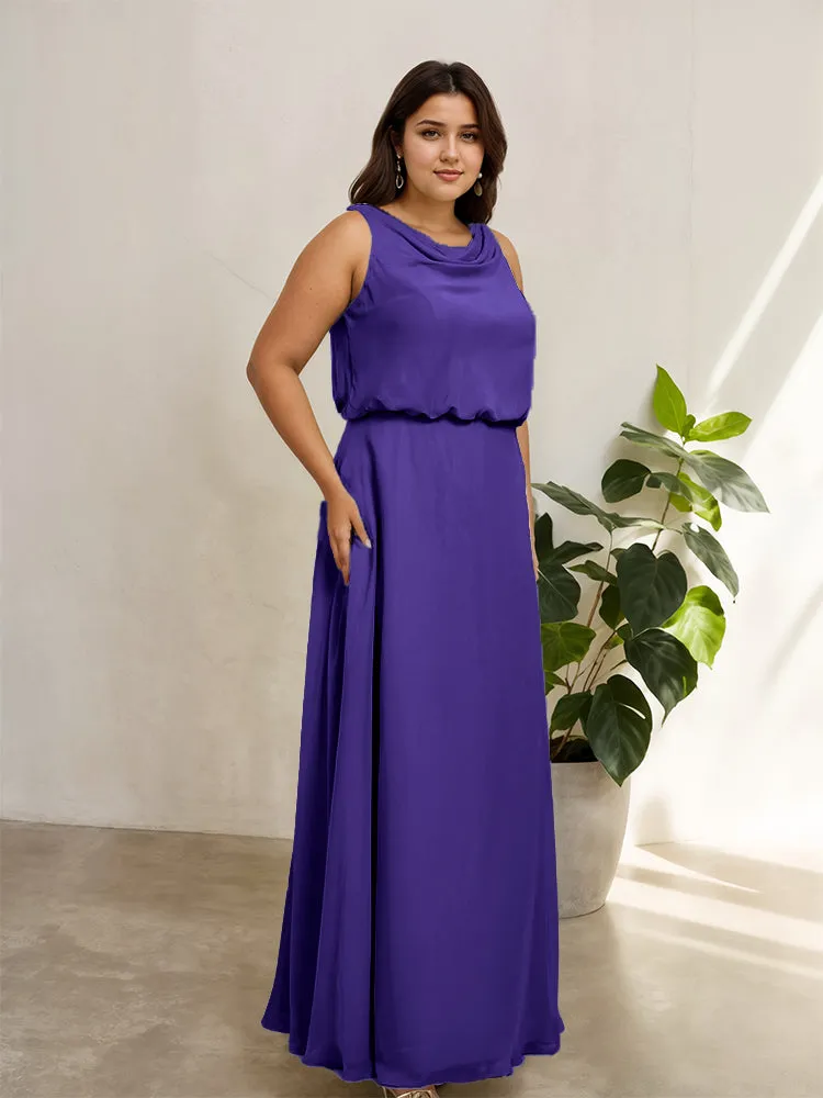 Sleeveless Cowl Neck Chiffon Plus Size Floor Length Bridesmaid Dresses