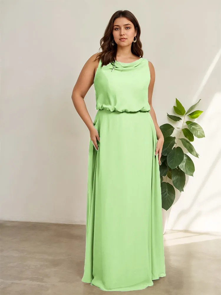 Sleeveless Cowl Neck Chiffon Plus Size Floor Length Bridesmaid Dresses