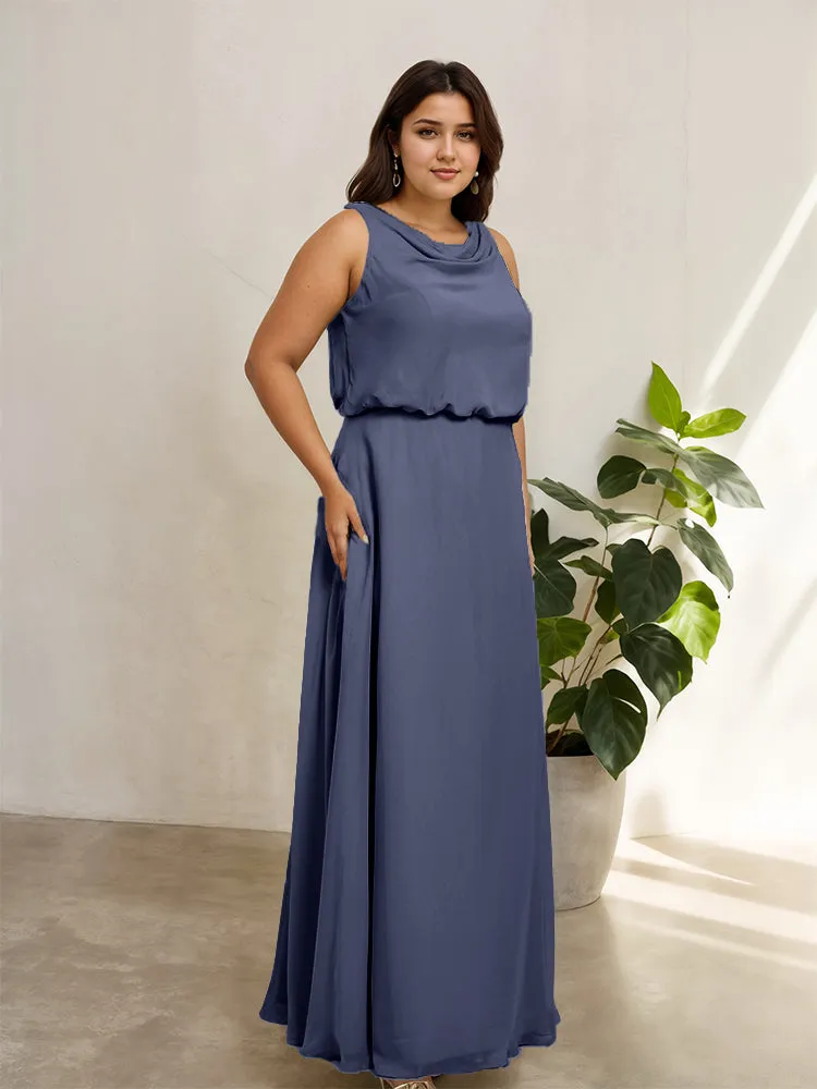 Sleeveless Cowl Neck Chiffon Plus Size Floor Length Bridesmaid Dresses