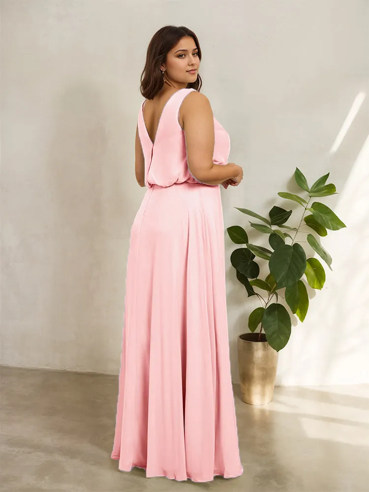 Sleeveless Cowl Neck Chiffon Plus Size Floor Length Bridesmaid Dresses