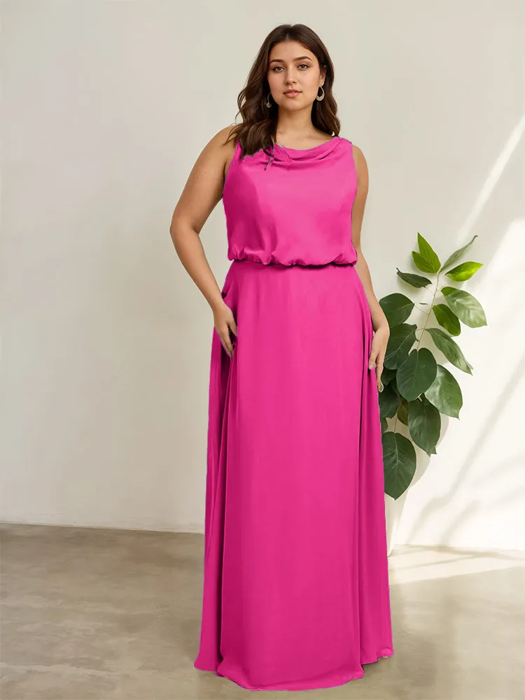 Sleeveless Cowl Neck Chiffon Plus Size Floor Length Bridesmaid Dresses