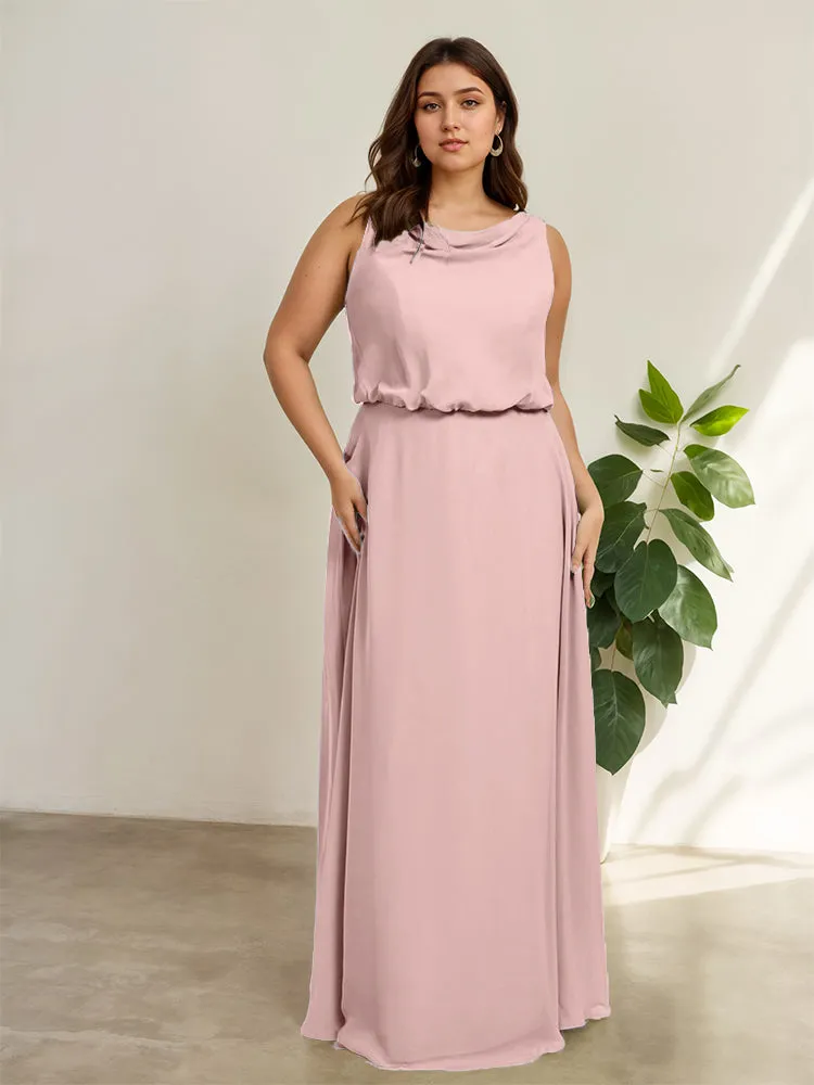 Sleeveless Cowl Neck Chiffon Plus Size Floor Length Bridesmaid Dresses