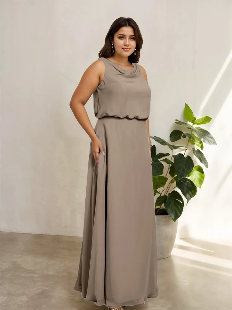 Sleeveless Cowl Neck Chiffon Plus Size Floor Length Bridesmaid Dresses