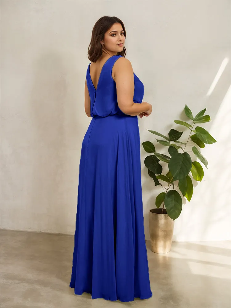 Sleeveless Cowl Neck Chiffon Plus Size Floor Length Bridesmaid Dresses