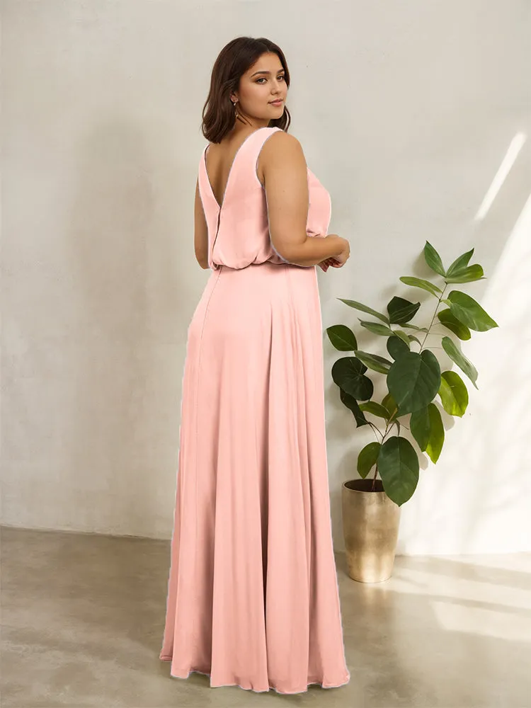 Sleeveless Cowl Neck Chiffon Plus Size Floor Length Bridesmaid Dresses