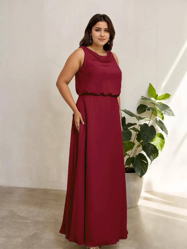 Sleeveless Cowl Neck Chiffon Plus Size Floor Length Bridesmaid Dresses