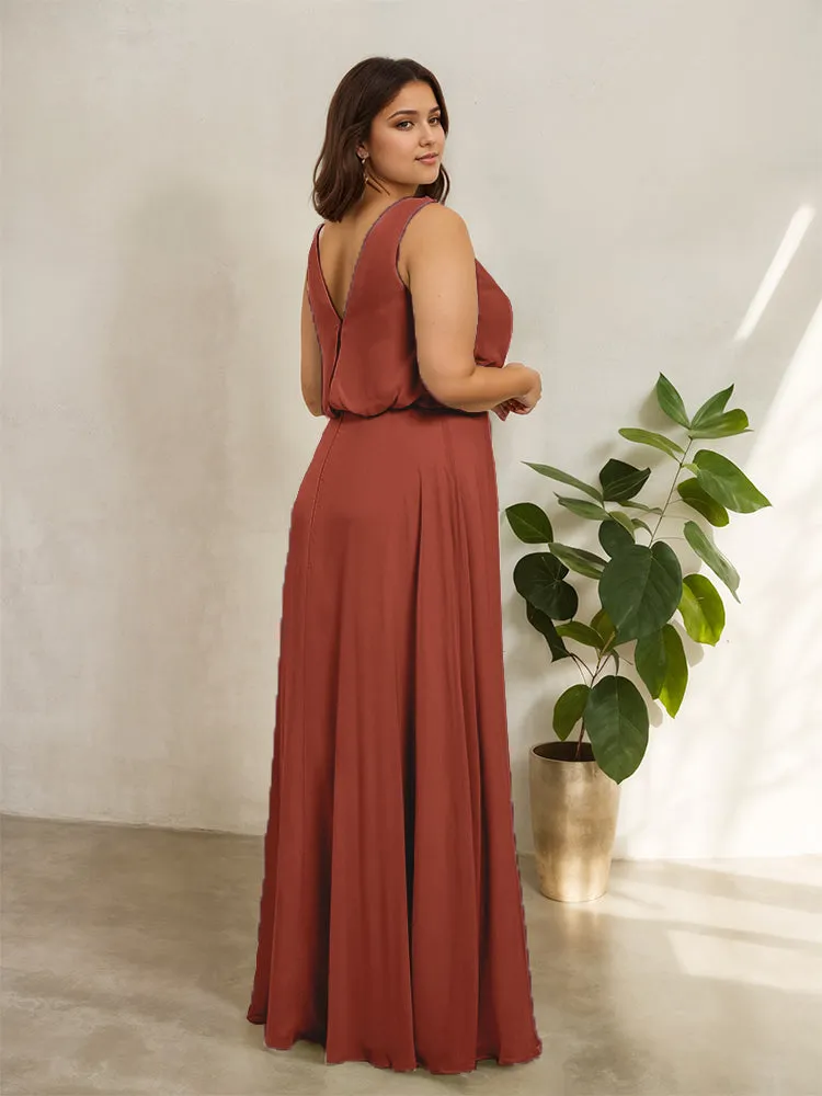 Sleeveless Cowl Neck Chiffon Plus Size Floor Length Bridesmaid Dresses