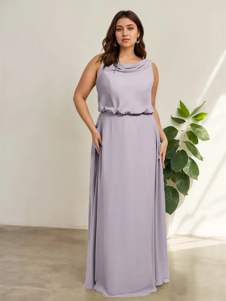 Sleeveless Cowl Neck Chiffon Plus Size Floor Length Bridesmaid Dresses