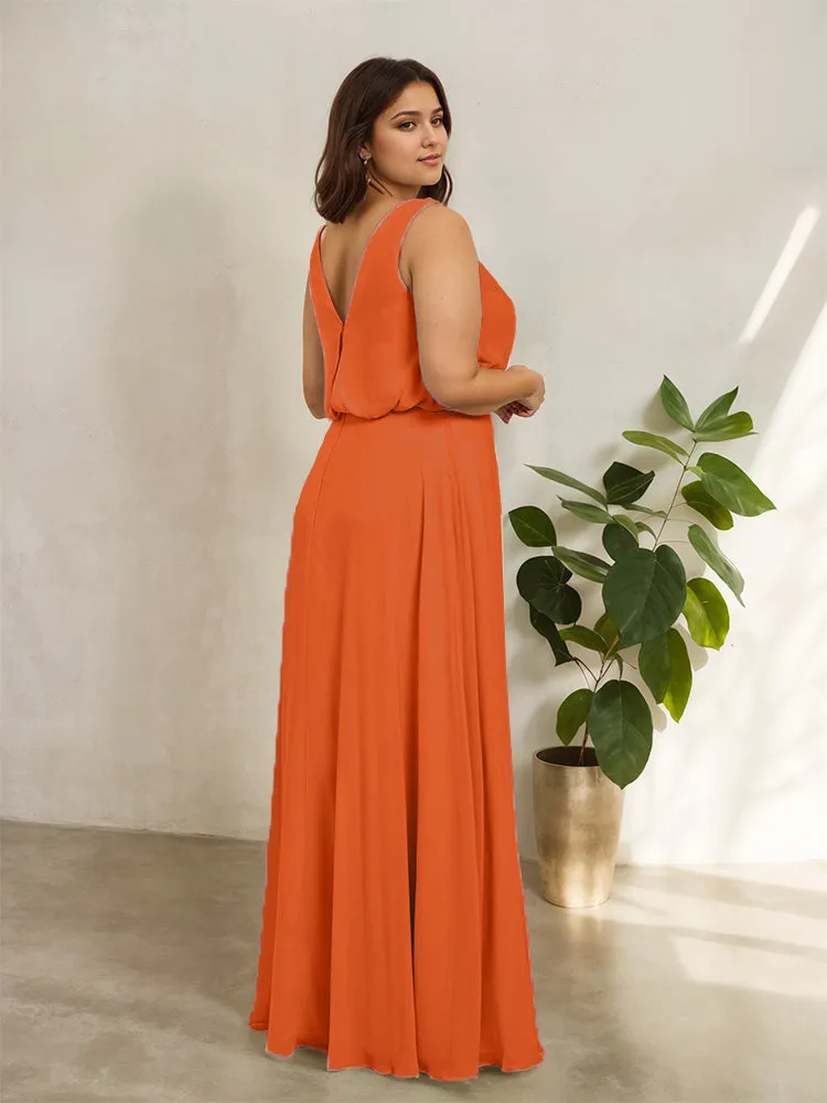 Sleeveless Cowl Neck Chiffon Plus Size Floor Length Bridesmaid Dresses