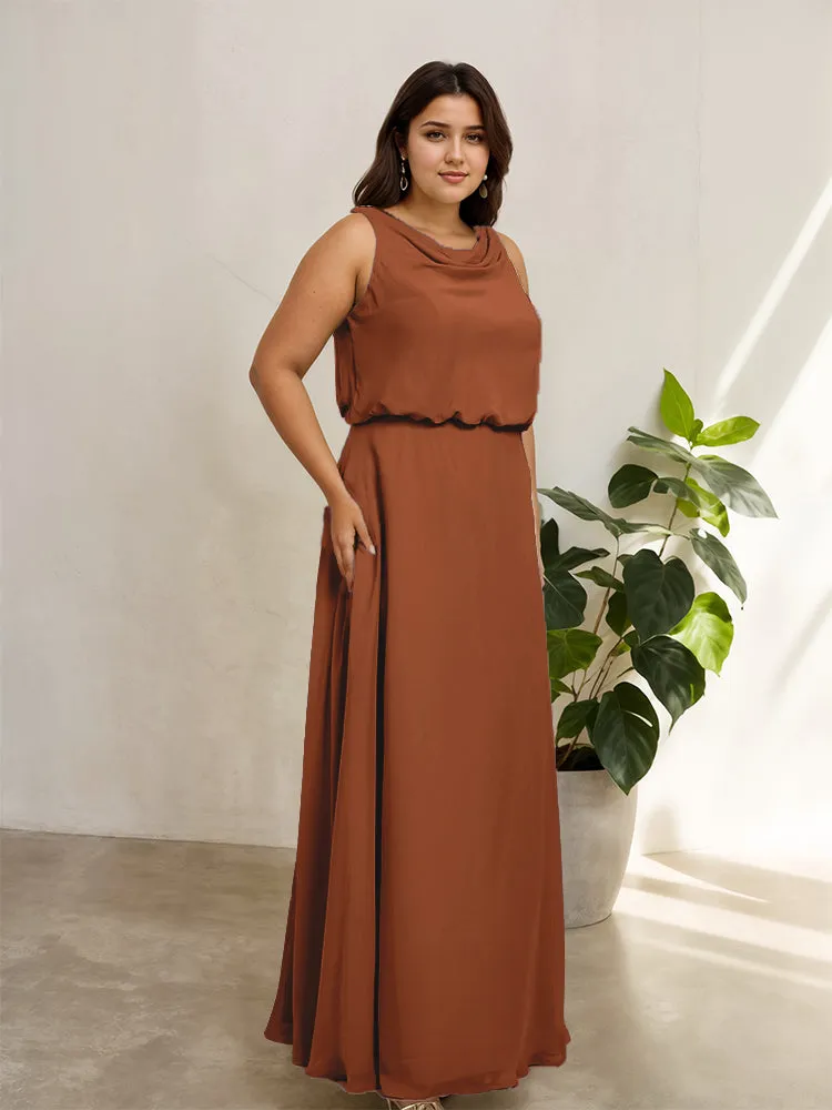Sleeveless Cowl Neck Chiffon Plus Size Floor Length Bridesmaid Dresses