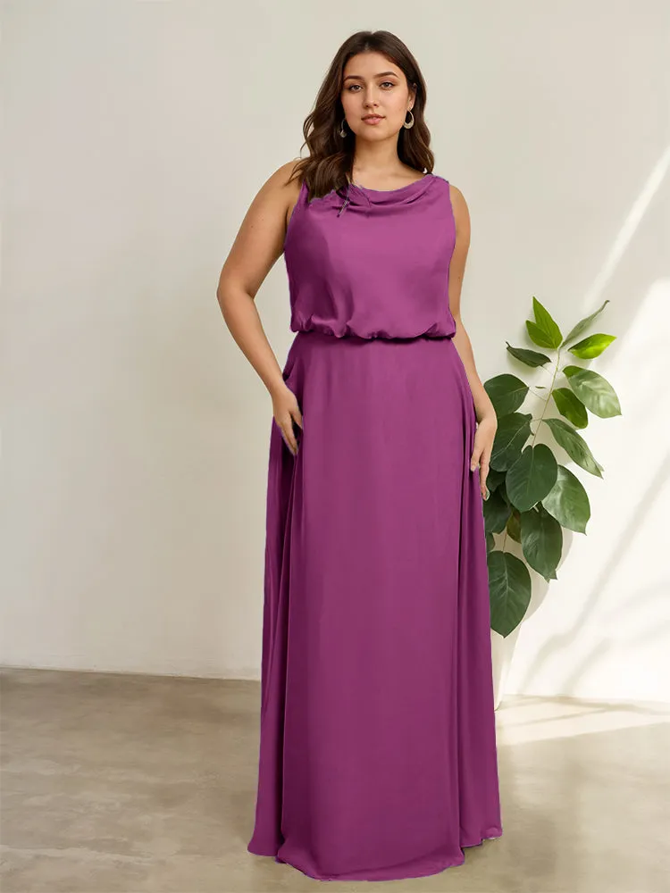 Sleeveless Cowl Neck Chiffon Plus Size Floor Length Bridesmaid Dresses