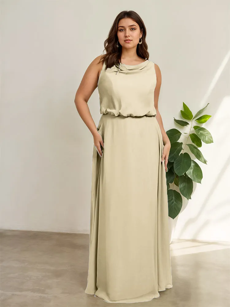 Sleeveless Cowl Neck Chiffon Plus Size Floor Length Bridesmaid Dresses