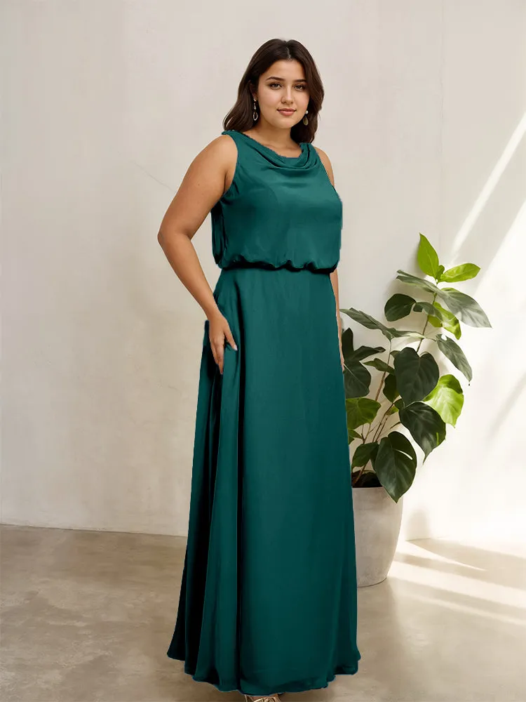 Sleeveless Cowl Neck Chiffon Plus Size Floor Length Bridesmaid Dresses