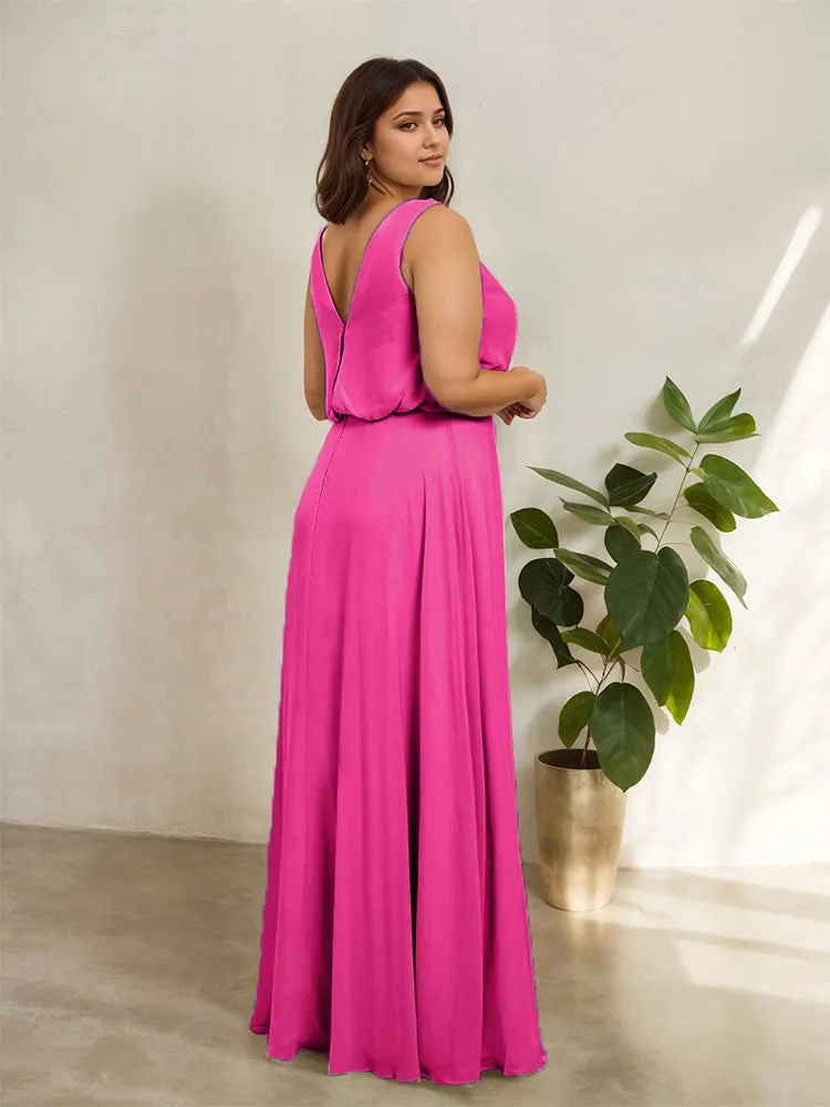 Sleeveless Cowl Neck Chiffon Plus Size Floor Length Bridesmaid Dresses