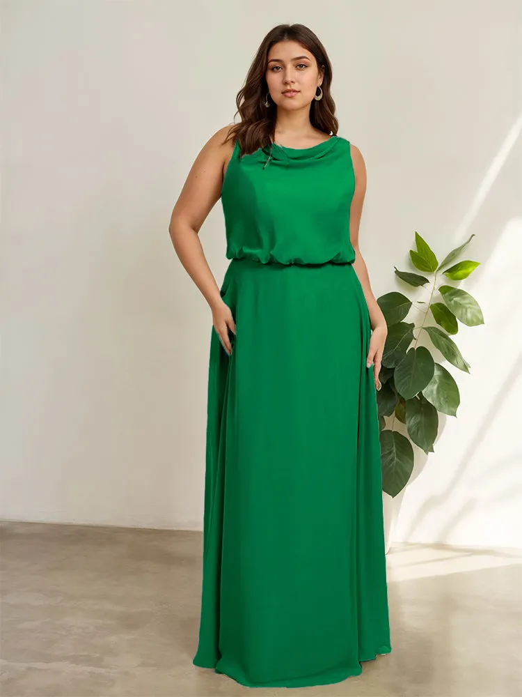 Sleeveless Cowl Neck Chiffon Plus Size Floor Length Bridesmaid Dresses