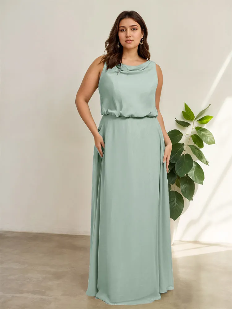 Sleeveless Cowl Neck Chiffon Plus Size Floor Length Bridesmaid Dresses
