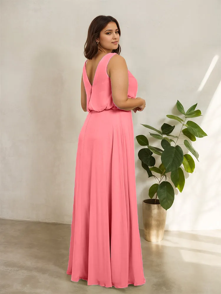 Sleeveless Cowl Neck Chiffon Plus Size Floor Length Bridesmaid Dresses