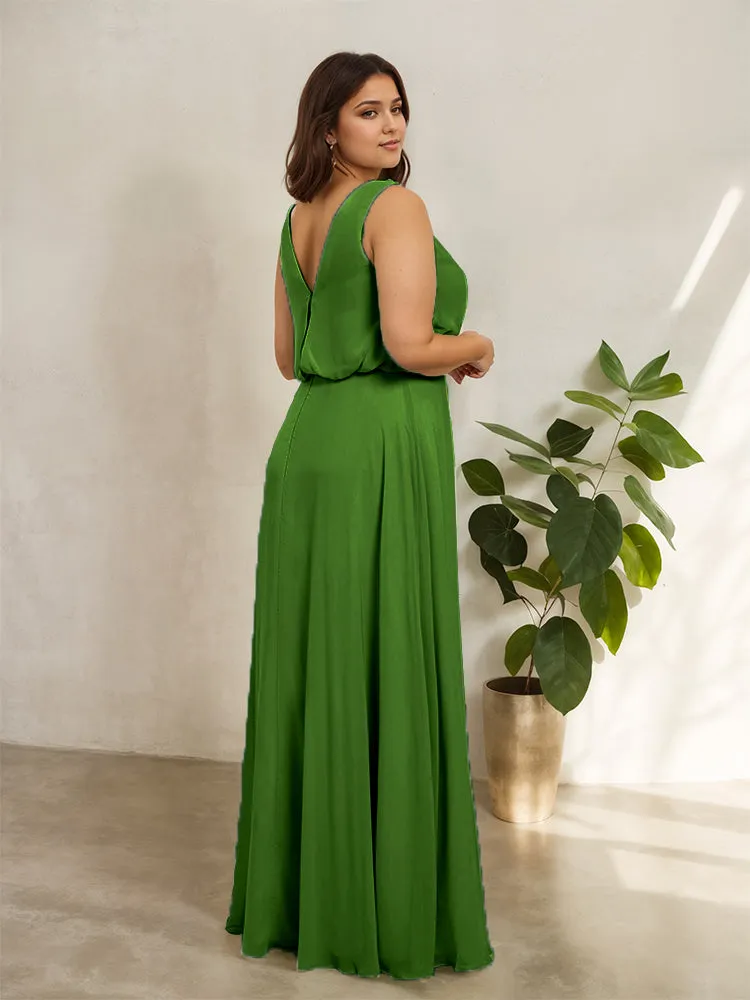 Sleeveless Cowl Neck Chiffon Plus Size Floor Length Bridesmaid Dresses