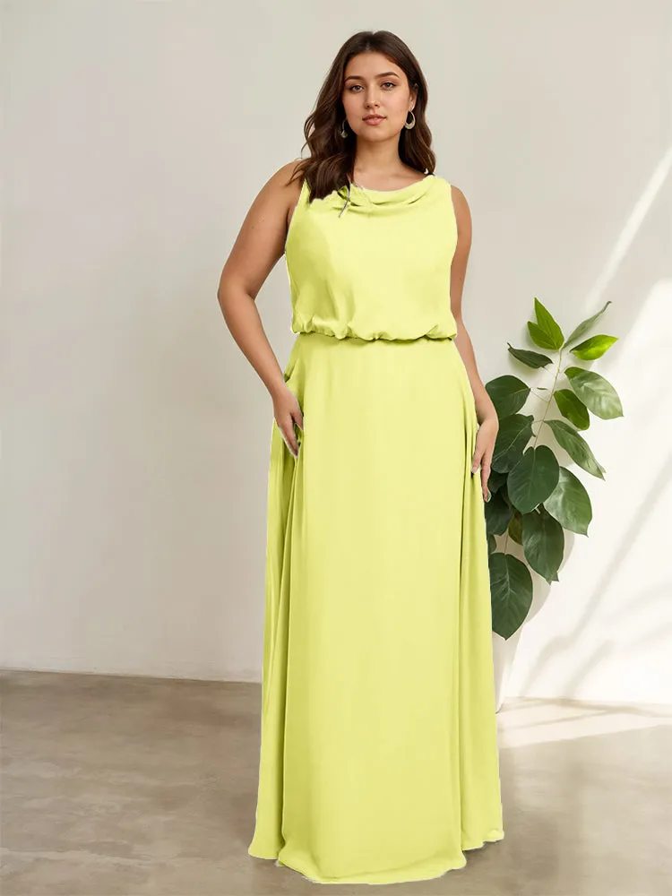 Sleeveless Cowl Neck Chiffon Plus Size Floor Length Bridesmaid Dresses