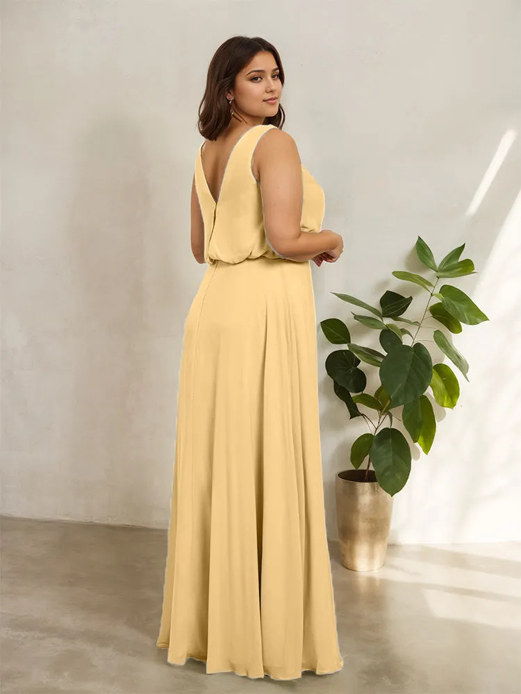 Sleeveless Cowl Neck Chiffon Plus Size Floor Length Bridesmaid Dresses