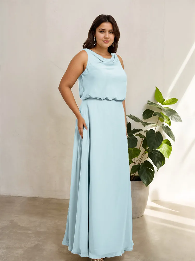 Sleeveless Cowl Neck Chiffon Plus Size Floor Length Bridesmaid Dresses