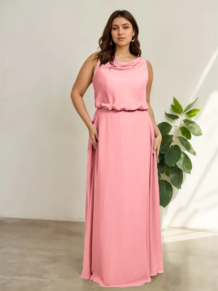Sleeveless Cowl Neck Chiffon Plus Size Floor Length Bridesmaid Dresses