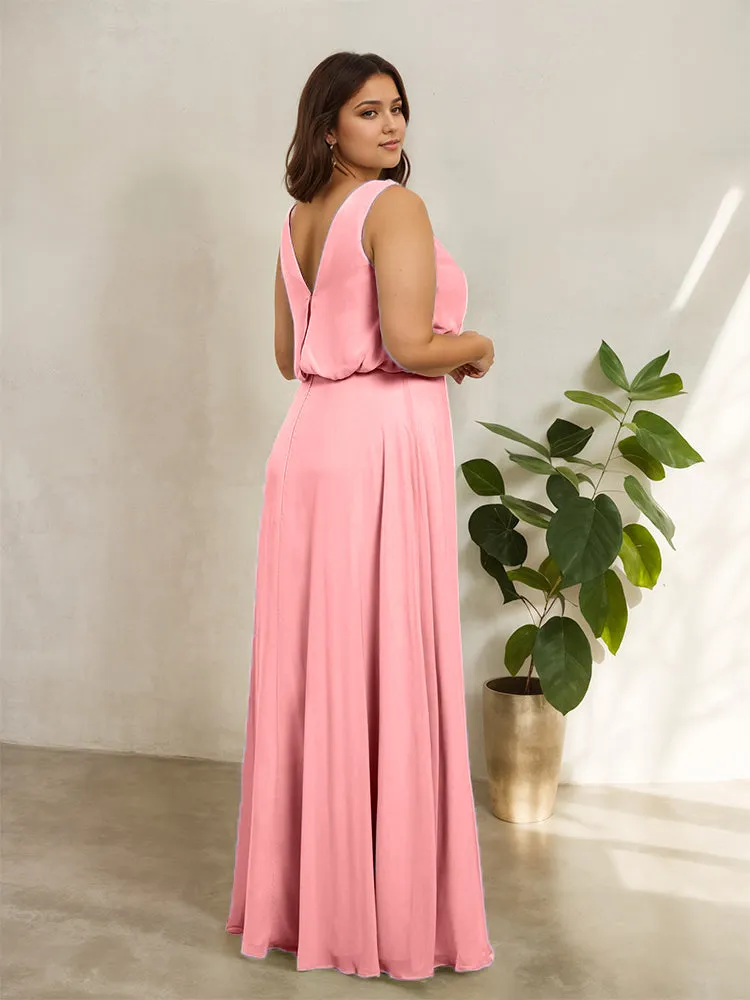 Sleeveless Cowl Neck Chiffon Plus Size Floor Length Bridesmaid Dresses