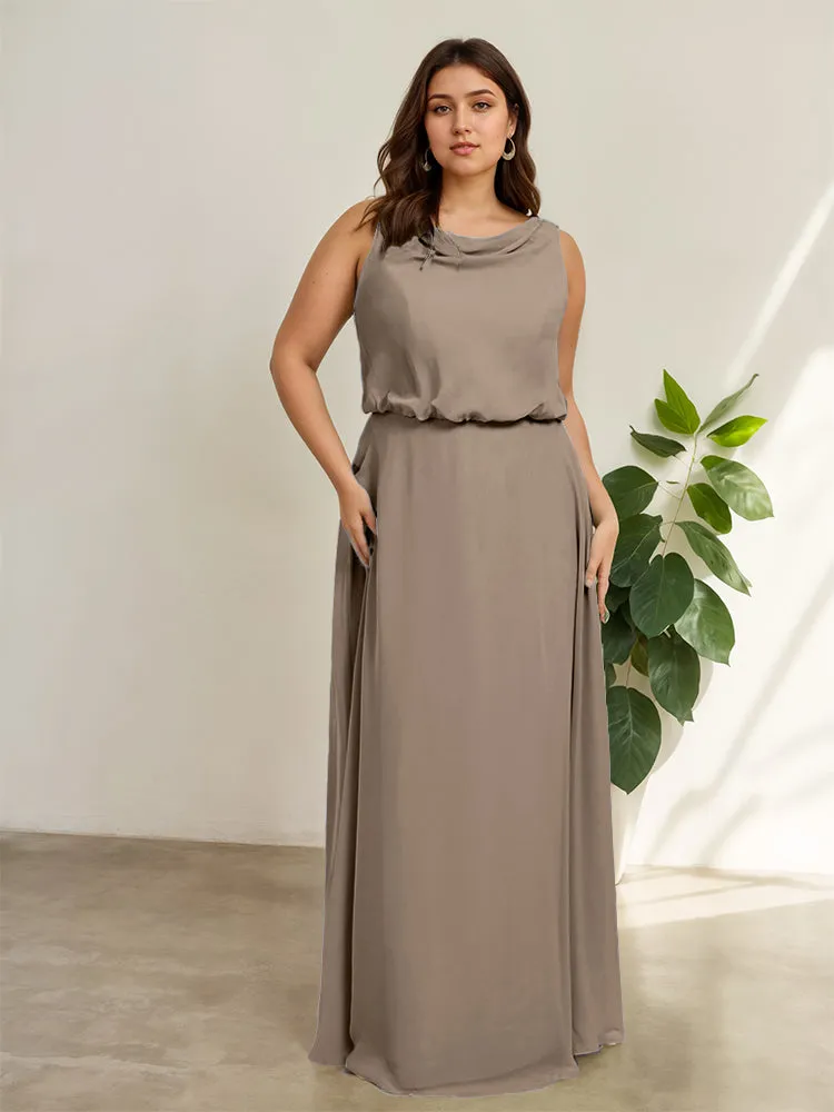 Sleeveless Cowl Neck Chiffon Plus Size Floor Length Bridesmaid Dresses