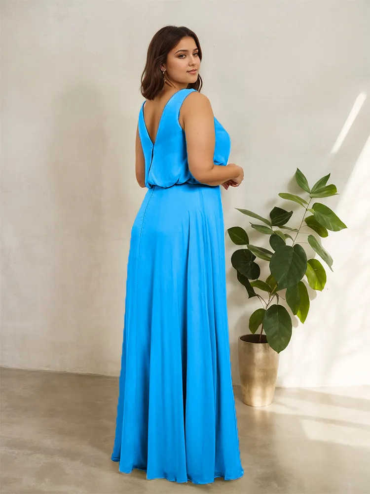 Sleeveless Cowl Neck Chiffon Plus Size Floor Length Bridesmaid Dresses