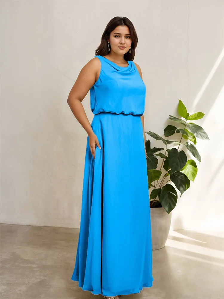 Sleeveless Cowl Neck Chiffon Plus Size Floor Length Bridesmaid Dresses