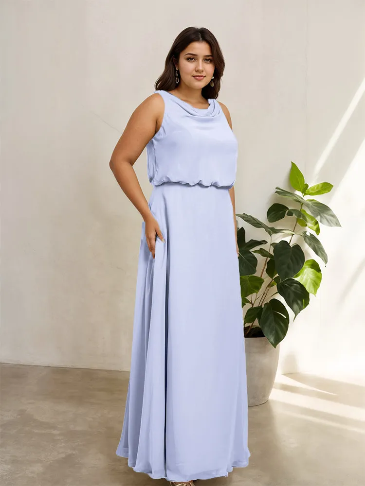 Sleeveless Cowl Neck Chiffon Plus Size Floor Length Bridesmaid Dresses