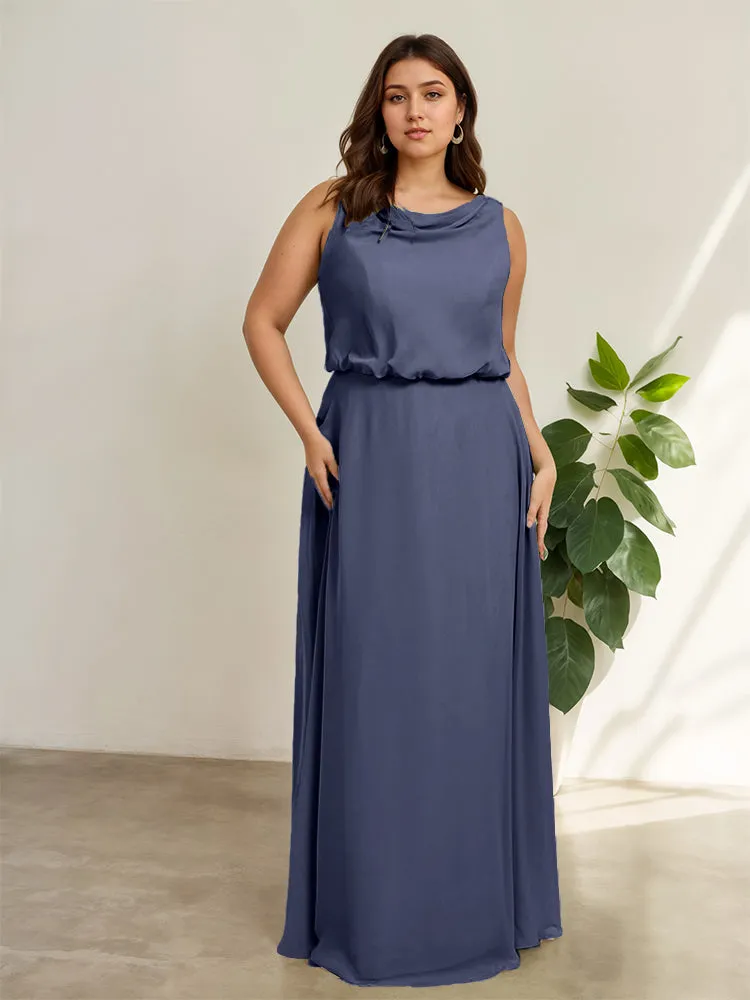 Sleeveless Cowl Neck Chiffon Plus Size Floor Length Bridesmaid Dresses