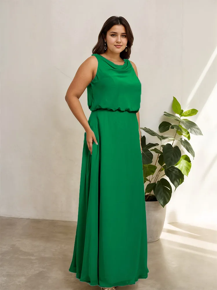 Sleeveless Cowl Neck Chiffon Plus Size Floor Length Bridesmaid Dresses