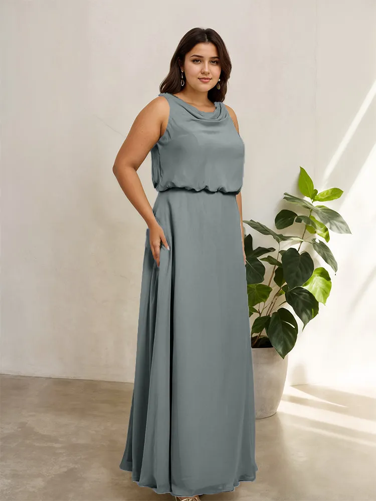 Sleeveless Cowl Neck Chiffon Plus Size Floor Length Bridesmaid Dresses