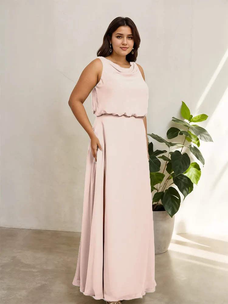 Sleeveless Cowl Neck Chiffon Plus Size Floor Length Bridesmaid Dresses