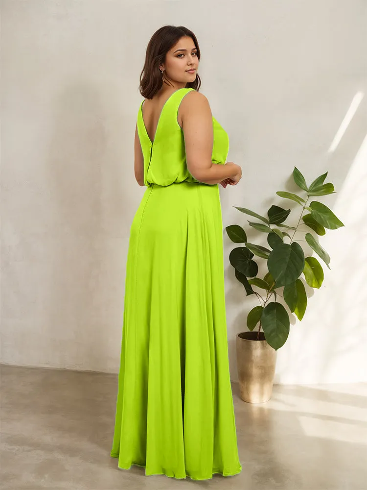 Sleeveless Cowl Neck Chiffon Plus Size Floor Length Bridesmaid Dresses