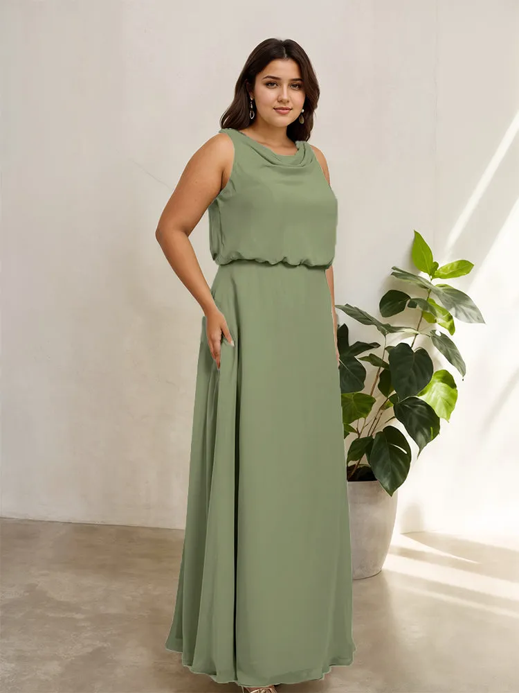 Sleeveless Cowl Neck Chiffon Plus Size Floor Length Bridesmaid Dresses
