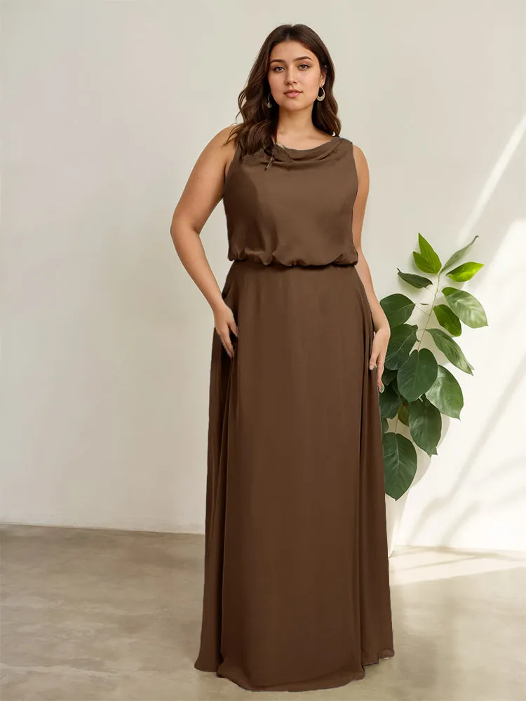 Sleeveless Cowl Neck Chiffon Plus Size Floor Length Bridesmaid Dresses