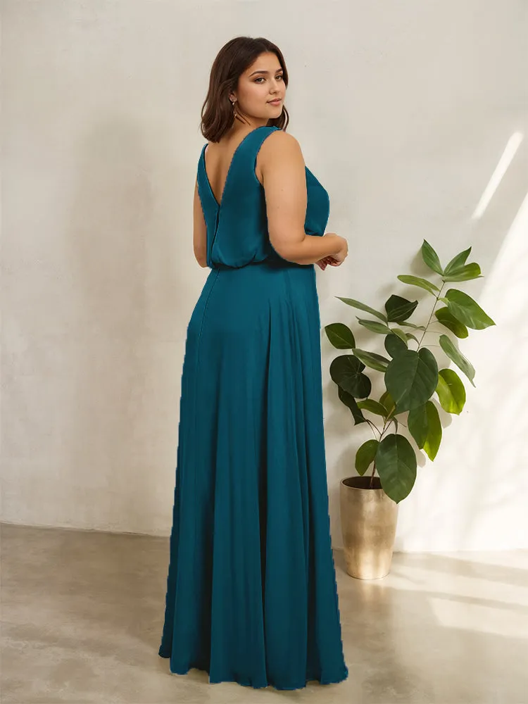 Sleeveless Cowl Neck Chiffon Plus Size Floor Length Bridesmaid Dresses
