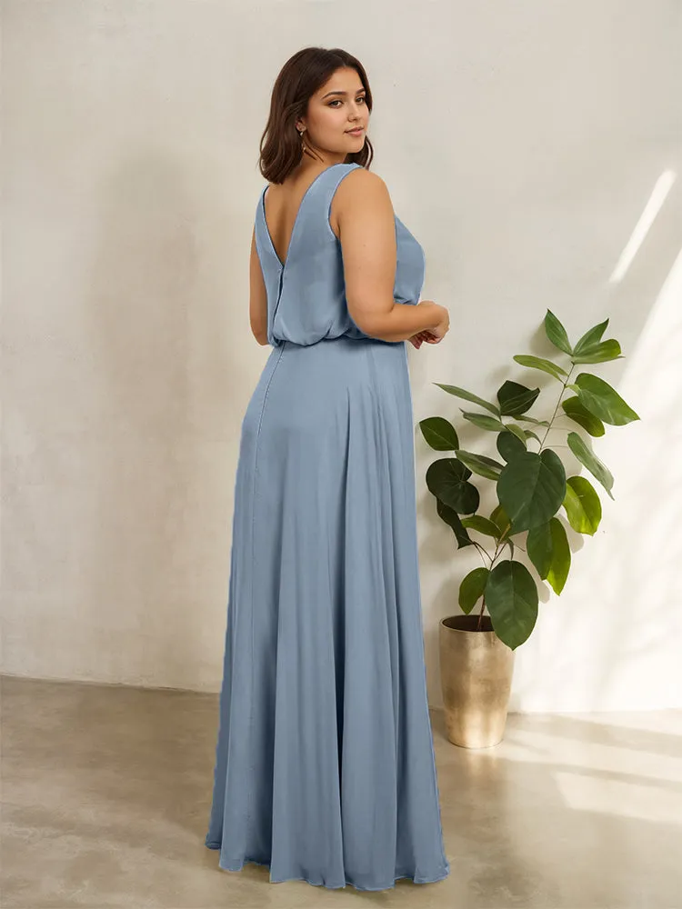 Sleeveless Cowl Neck Chiffon Plus Size Floor Length Bridesmaid Dresses