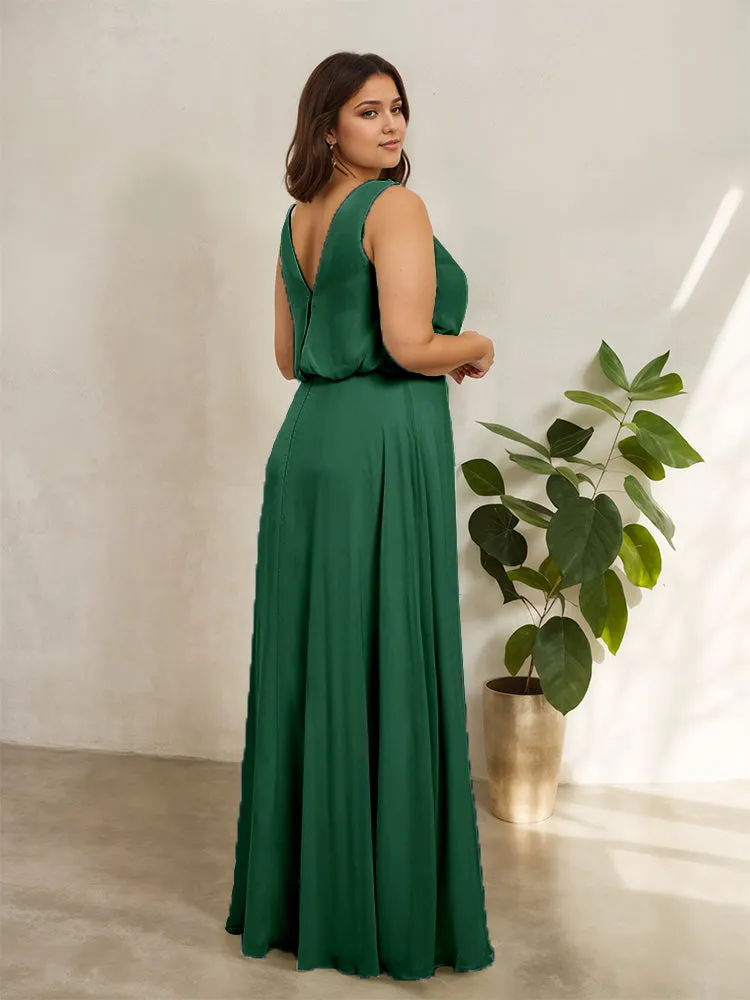 Sleeveless Cowl Neck Chiffon Plus Size Floor Length Bridesmaid Dresses