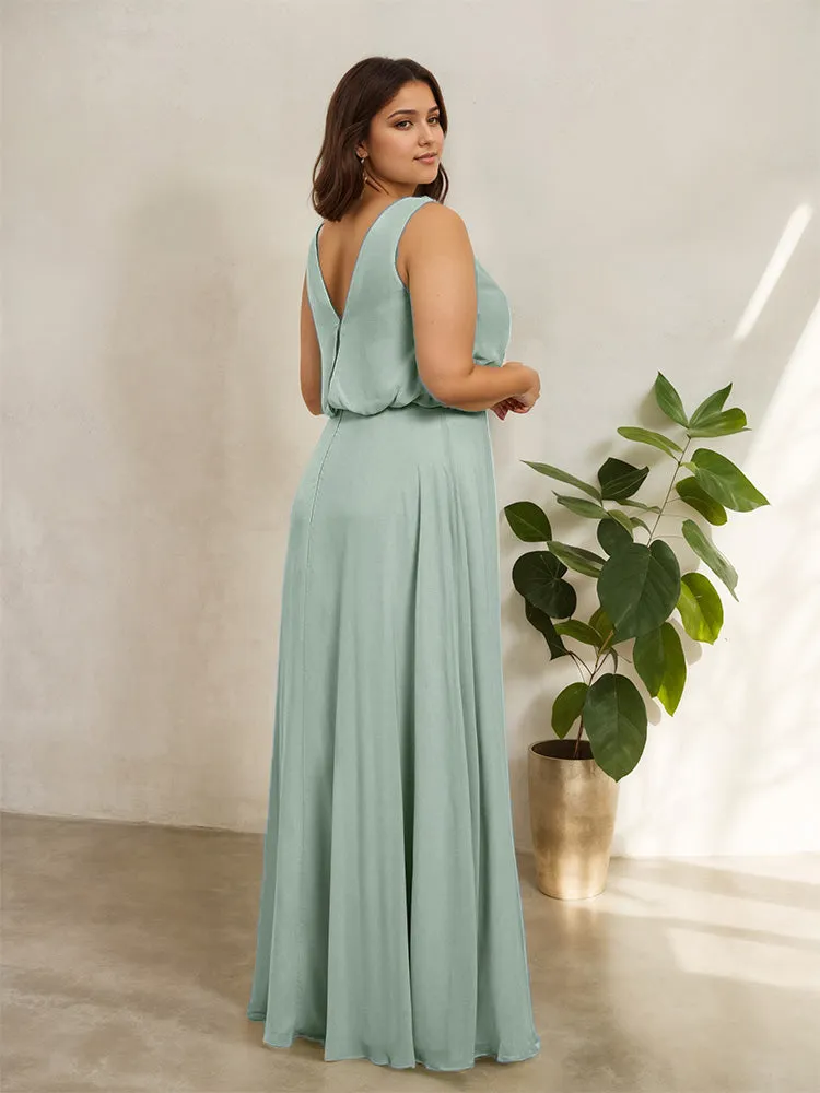 Sleeveless Cowl Neck Chiffon Plus Size Floor Length Bridesmaid Dresses