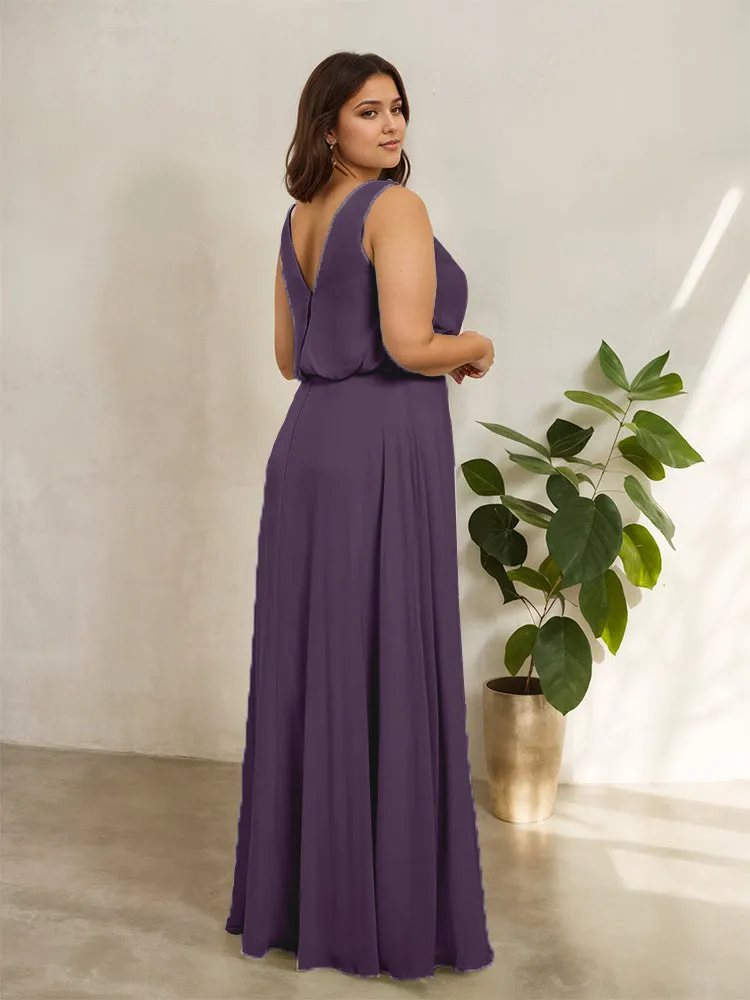 Sleeveless Cowl Neck Chiffon Plus Size Floor Length Bridesmaid Dresses