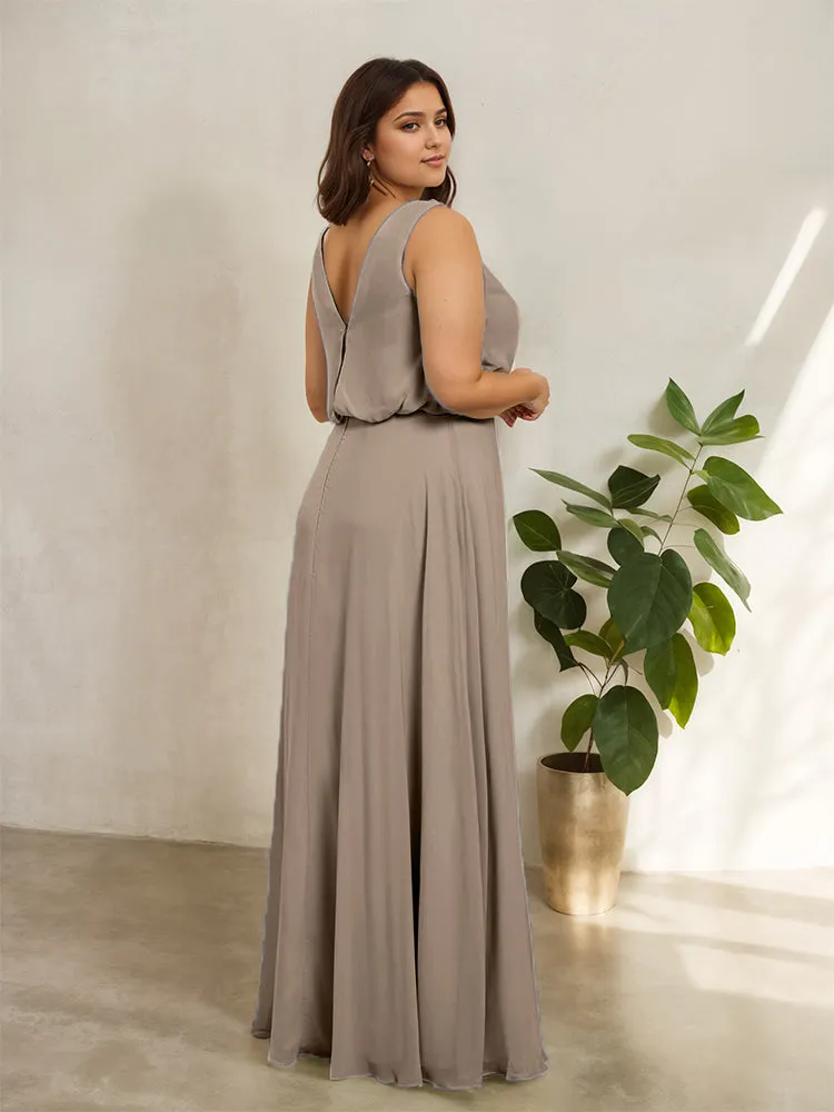 Sleeveless Cowl Neck Chiffon Plus Size Floor Length Bridesmaid Dresses