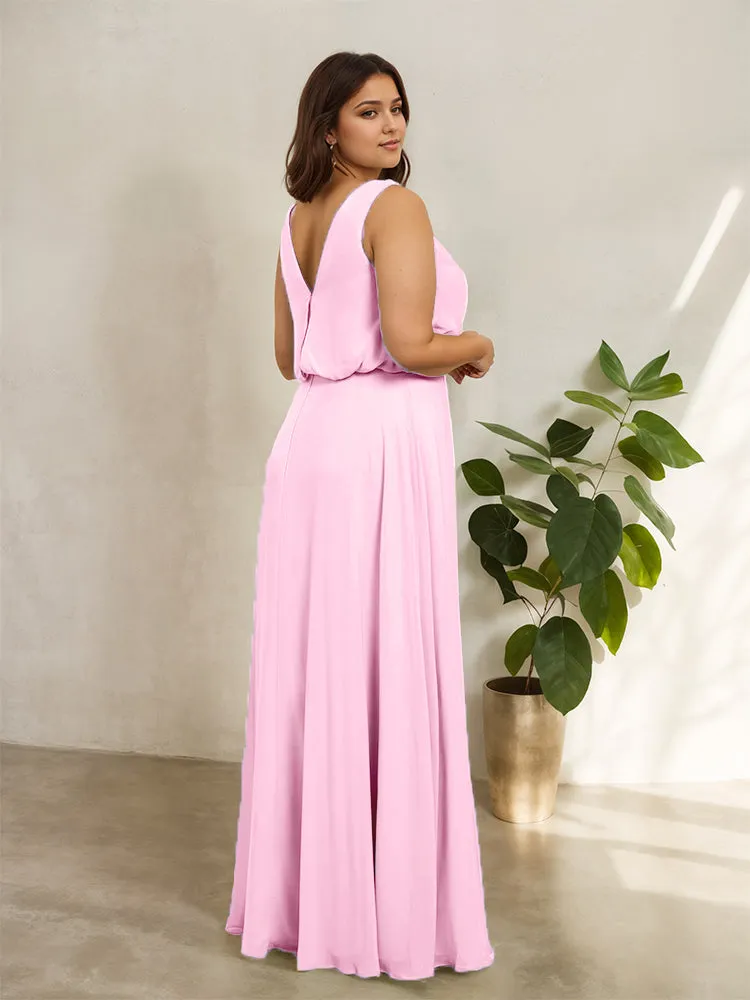 Sleeveless Cowl Neck Chiffon Plus Size Floor Length Bridesmaid Dresses