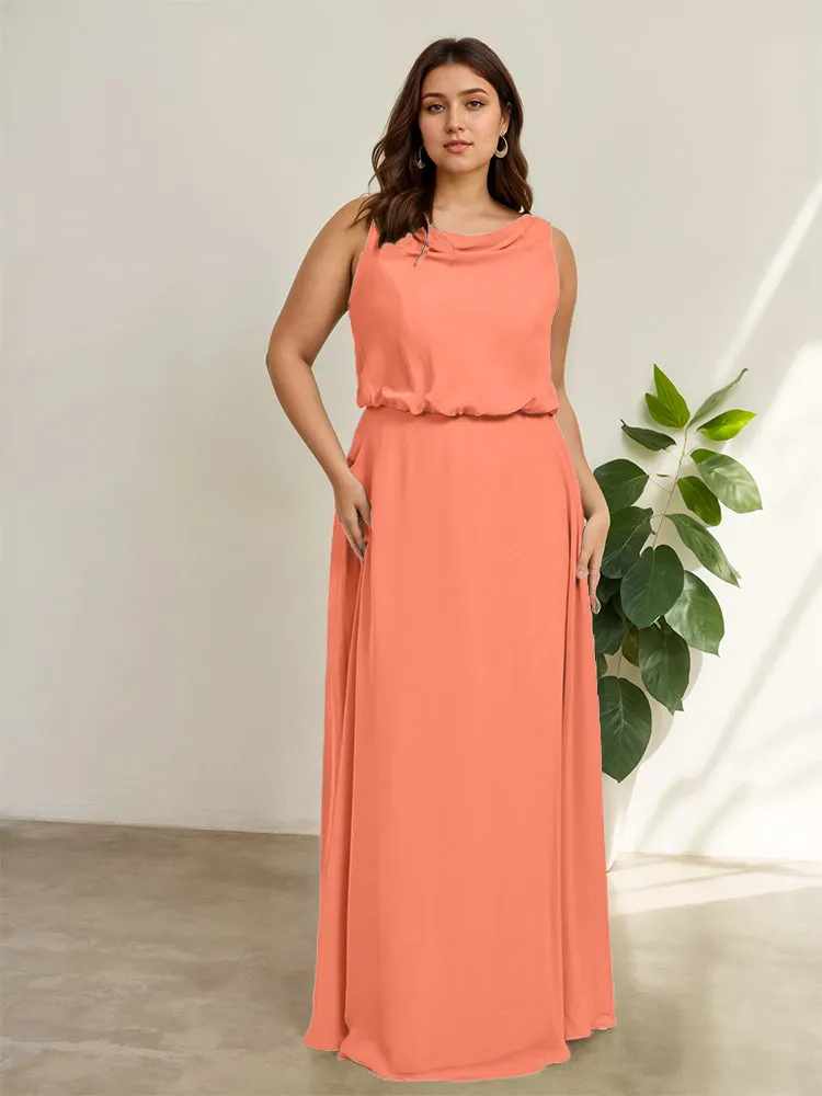 Sleeveless Cowl Neck Chiffon Plus Size Floor Length Bridesmaid Dresses